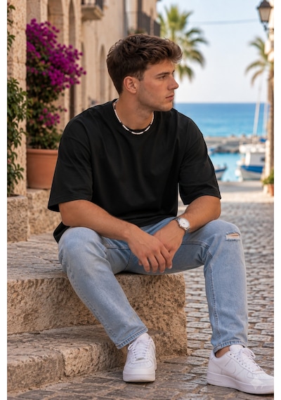 Erkek Oversize Tişört Bisiklet Yaka Basic Bol Kesim Kısa Kollu Günlük T-shirt Siyah