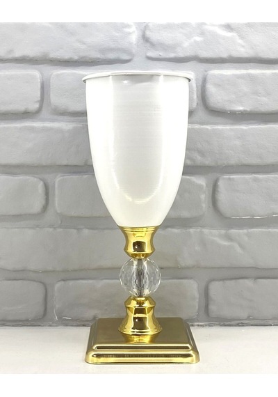 Modern Dekoratif Kristal Taşlı Gold Kare Ayaklı Taşlı Beyaz Vazo Altın - Beyaz