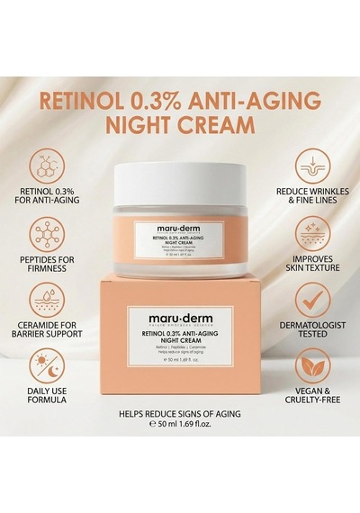 Maruderm Retinol%0.3 Yaşlanma Karşıtı Gece Kremi Kırışıklık Karşıtı Yenileyici Yüz Kremi, Seramid & Peptit Kompleksi İle, 50 Ml