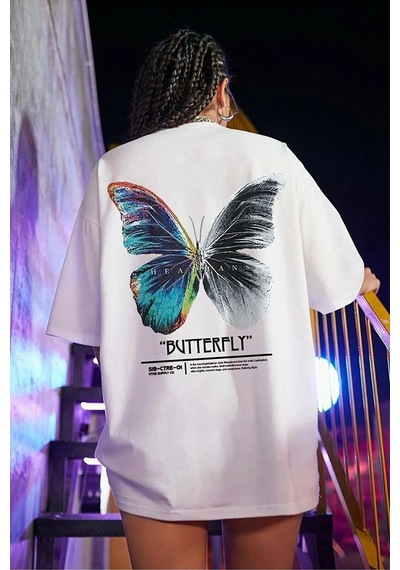 Startmore Kelebek Baskılı Oversize Beyaz Garalio T-shirt