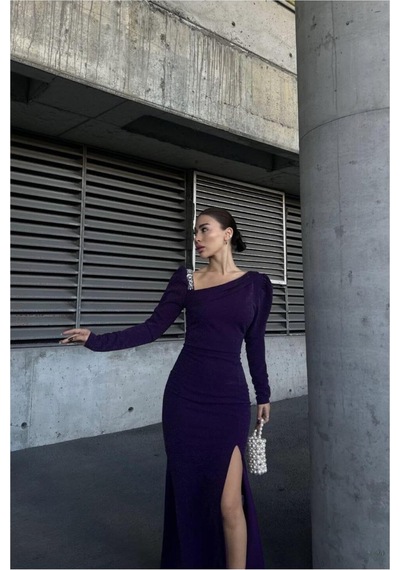 Lior Design Kadın Şık Model Kayık Yaka Taş Detaylı Uzun Kollu Abiye Elbise Mor