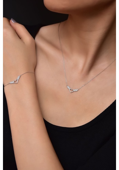 Papatya Silver 925 Ayar Gümüş Rodyum Kaplama Kalp Kanat Kolye ve Bileklik Set