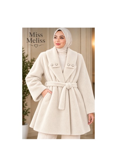 Miss Meliss İnci Detaylı Şık Fox Kumaş Kaban Krem Krem