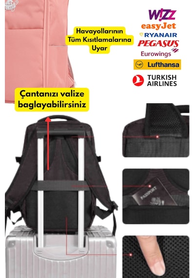 Jet Turtle Seyahat Sırt Çantası 40cm 40x25x15 Cm Pegasus, Wizz Air, Ryanair, El Valizi Koltuk Altı Valizi Somon