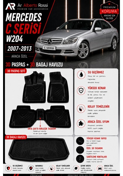 Mercedes C Serisi W204 2007-2013 Araca Özel 3d Paspas + 3d Bagaj Havuzu