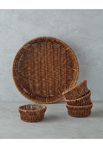 Boho Plastik Rattan 5 Parça Sunumluk 27x27x5 Cm Kahverengi
