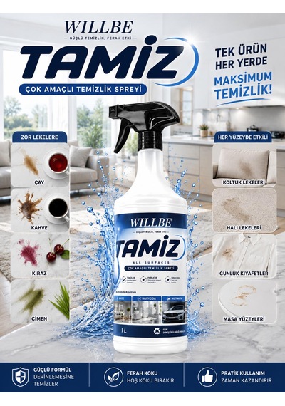 Willbe Tamiz Çok Yüzeyli Temizlik Spreyi Leke Çıkarıcı Yağ Çözücü 1l All Surfaces
