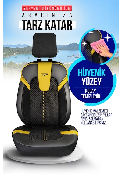 Siyah - Sarı Garni Panda Monte Carlo Serisi Velor Kadife Kumaş Oto Koltuk Kılıfı - Tam Set