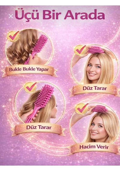 Yurısh Akıllı Fırça 3 İn 1 Kıvırcık Saç Belirginleştirici Bukle Tarağı Pembe