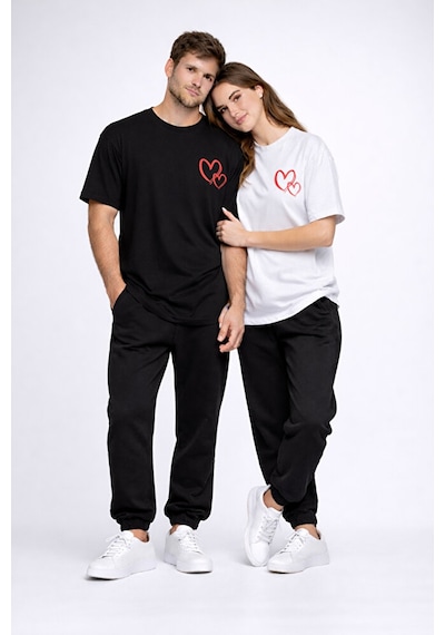 Sevgili Kombini Kalp Baskılı Oversize Çift Tişört Unisex Uyumlu P Çok Renkli