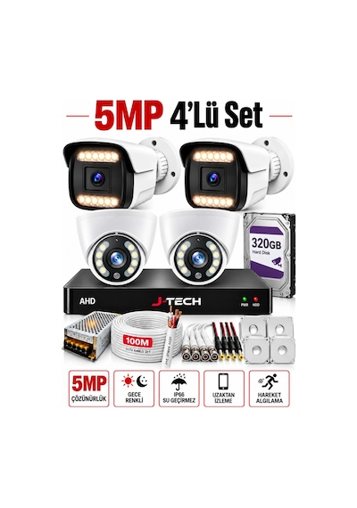 J-tech K1067 5mp 4 Lü Akıllı Kamera Seti 320gb Renkli Gece Görüş Yüz Ve Araç Tanıma Güvenlik Sistemi