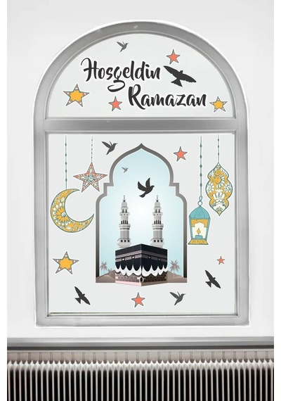 MSticker Hoşgeldin Ramazan Cam Duvar Sticker - Kabe Kuşlar Ve Fener Figürlü Duvar Cam Sticker