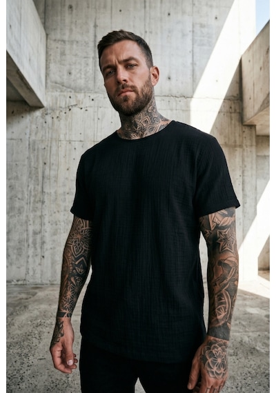 Combattente Exclusive Products Kısa Kol Oversize Müslin Erkek Tshirt - 2026 Erkek Tişört Kreasyonu Siyah