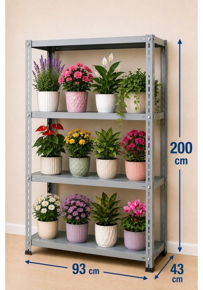 4 Katlı Çelik Raf Sistemi, Depo, Arşiv, Kiler, Dosya, Market, Çiçek, Ayakkabı Rafı 43x93x200 Cm Kalınlık 0,70 Mm Gri