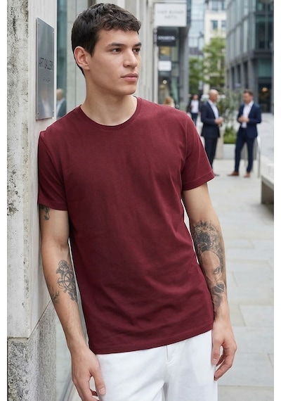 Tudors Unisex Slim Fit Dar Kesim %100 Pamuk Yumuşak Dokulu Bordo Bisiklet Yaka Tişört-31080 Bordo