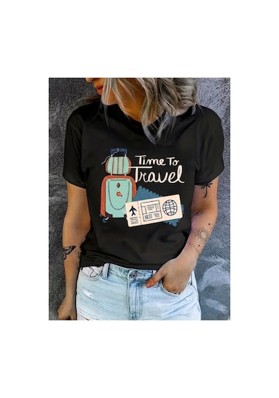 Kadın Time To Travel Baskılı %100 Pamuklu T-shirt Siyah