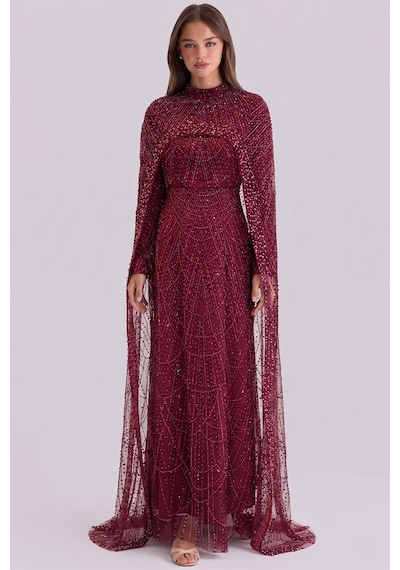 Olcay İnci Ve Pul Bezeli Exclusive Tesettür Abiye Elbise Bordo 1039