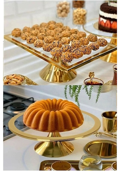 Yuvarlak ve Dikdörtgen Kek Pasta Standı 2'li Gold
