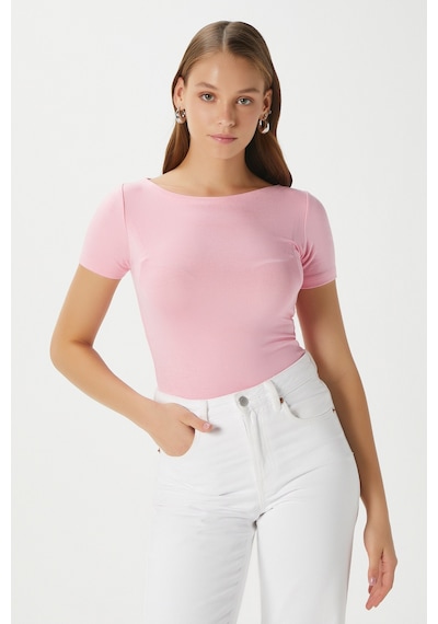 Ritnice Kadın Velvet Kayık Yaka Lux Touch Yumuşak Doku Kısa Kol Pembe Bluz