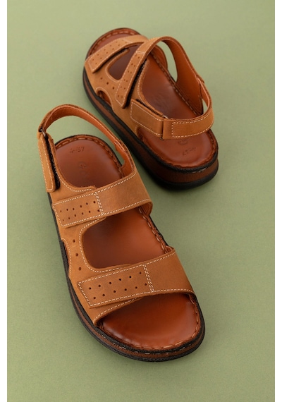 Gondol Unisex Hakiki Deri Cırtlı Ayarlanabilir Rahat Sandalet Hkm.31 Taba