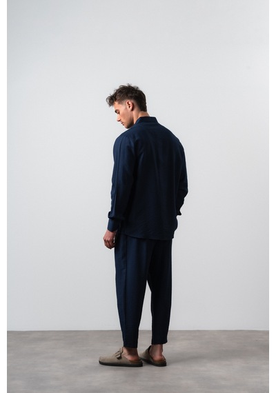 Erkek Keten Oversize Gömlek Pantolon Takım Lacivert