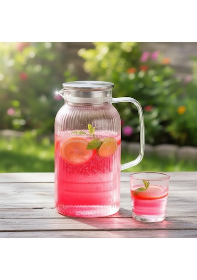 Silikon Fitilli Borosilikat Cam Sürahi 2000 Ml - Metal Kapaklı, Isıya Dayanıklı, Süzgeçli Şeffaf Buzlu Çay Ve Limonata Karafı