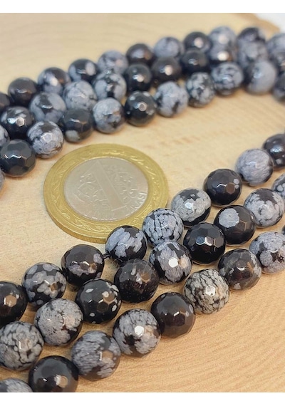 Kar Tanesi Obsidyen Taşı Faset Kesim Dizi 10mm