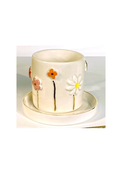 24 Ayar Altın 140 Ml El Yapımı Papatya Mug Daisy Flower Çiçek Lale Beyaz - Çok Renkli