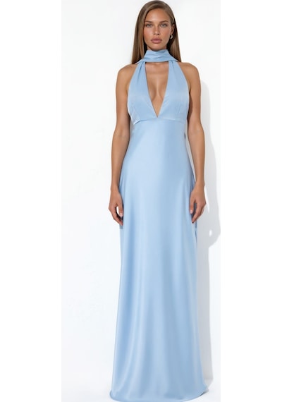 Hiccup V Yaka Bodycon Maxi Elbise Buz Mavisi