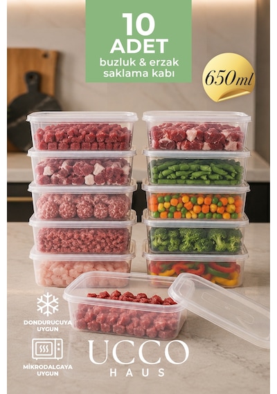 10 Adet 650ml Ekonomik Buzluk & Mikrodalga Sızdırmaz Saklama Kabı Seti Buzluk Organizer Şeffaf