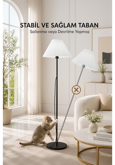 Metal Ayaklı Lambader Umbrella Pileli Beyaz Kumaş Başlık Retro Modern Bohem Lamba 150 Cm Lam02