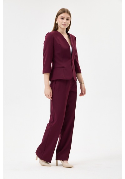 Velnara Moda Mürdüm Zamansız Klasik Kadın Takım Elbise-v Yaka Ceket & Boru Paça Pantolon Koyu Mürdüm - 927039466 Koyu Mürdüm