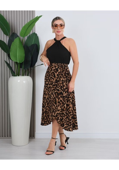 Butik İstanbul Kadın Önden Bağlamalı Leopar Desenli Süprem Uzun Etek