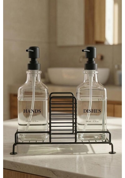 Digithome 2 Li Metal Standlı Cam Sıvı Sabun Ve Losyon Şişesi Sabunluk 500 Ml Siyah D/1 C1-1-289