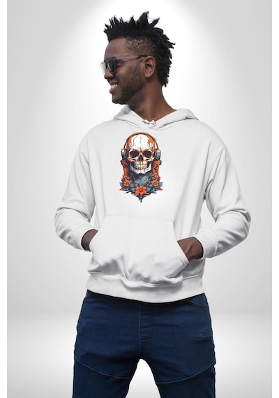 Müzik Kulaklık Takan Kurukafa Kırmızı Gül Kadın Erkek Beyaz Kapüşonlu Sweatshirt Hoodie Beyaz