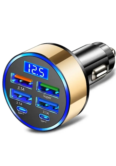 Dijital Ekranlı 6 Çıkışlı Süper Hızlı Araç Içi Şarj Aleti Başlığı Süper Hızlı Şarj Mevcuttur Usb + Type-c