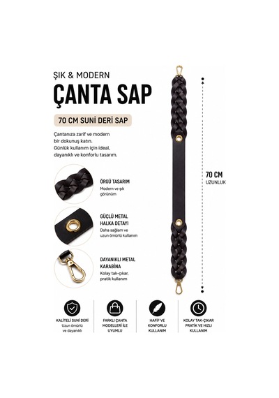 Vollen Yarn Suni Deri Örgü Çanta Sapı 70 Cm Metal Karabinalı Çanta Askısı Çanta Aksesuarı Siyah