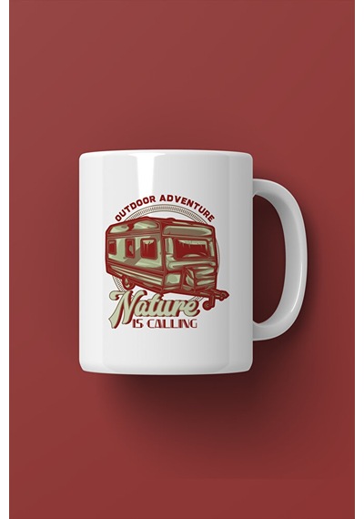 Nature Is Calling Kupa Karavan Outdoor Kamp Temalı Porselen Kahve Kupası 330 Ml Beyaz