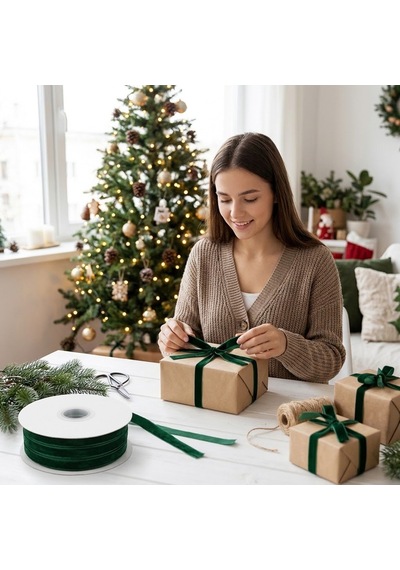 Koyu Yeşil Kadife Kurdele, 1 Cm X 10 Metre, Yılbaşı Hediye Paketi Standart