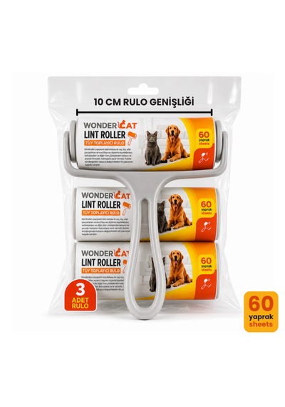 Wondercat Yüksek Yapışkanlı Tüy Toplama Rulosu + 2 Yedek Rulo 60 Yaprak 10 Cm