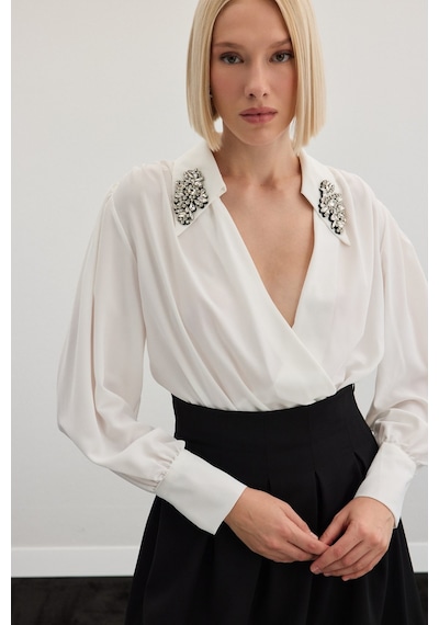 Sateen Aksesuar Detaylı Bodysuit Bluz - Ekru-134784