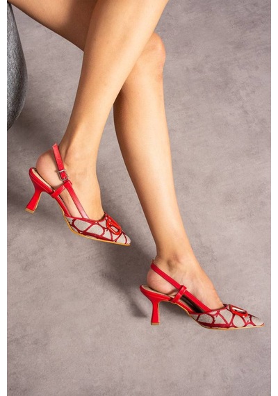 Elvı Kadın Bantlı Stiletto Topuklu Ayakkabı 7 Cm Kırmızı