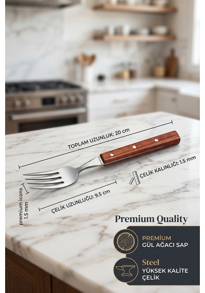 Hand Caft Serisi Mutfak Bıçak Çatal Seti Gül Sap 6'lı Steak Et Kahvaltı Yemek Çatalı Mft-4527