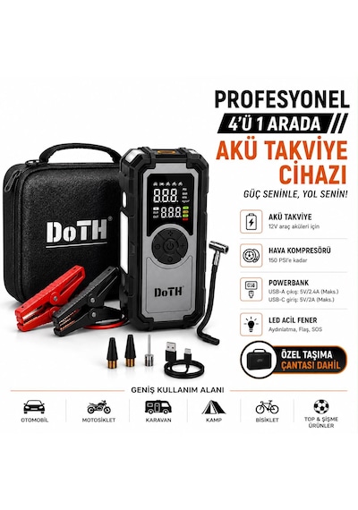 Akü Takviye Lastik Şişirme Pompası Powerbank Led Işıklı Dijital Gösterge Gerçek 8.000 Mah