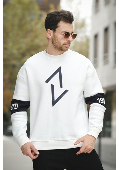 Estd Üç İplik Şardonlu Kol Nakışlı Önü Baskılı Bisiklet Yaka Erkek Sweatshirt 001