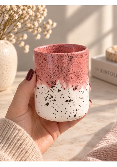 Artistik Sırlı El Yapımı Parmak İzli Seramik Kupa Beyaz-pembe