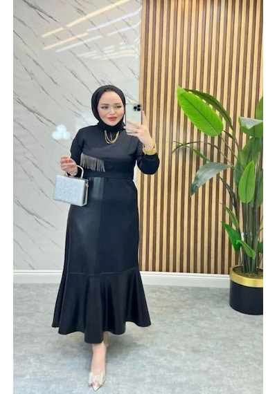 Lovie Moda Kadın Deri Parçalı Elbise Siyah
