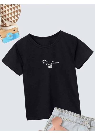 Noıssey Kod:vsk Pamuklu Baskılı Siyah Çocuk T-shirt Kids-içi-boş-küçük-dinazor-