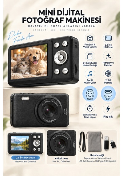 Mimtec Blm-105mini Dijital Fotoğraf Makinası - 2.8" Hd Ekran 12 Farklı Dil Seçenekli Dijital Video Kamera Siyah