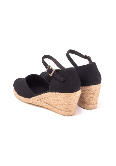 Star Tombis Gerçek Elişi Topuğu Kapalı Bilekten Bantlı Keten Espadril Dolgu Topuk Handmade Siyah